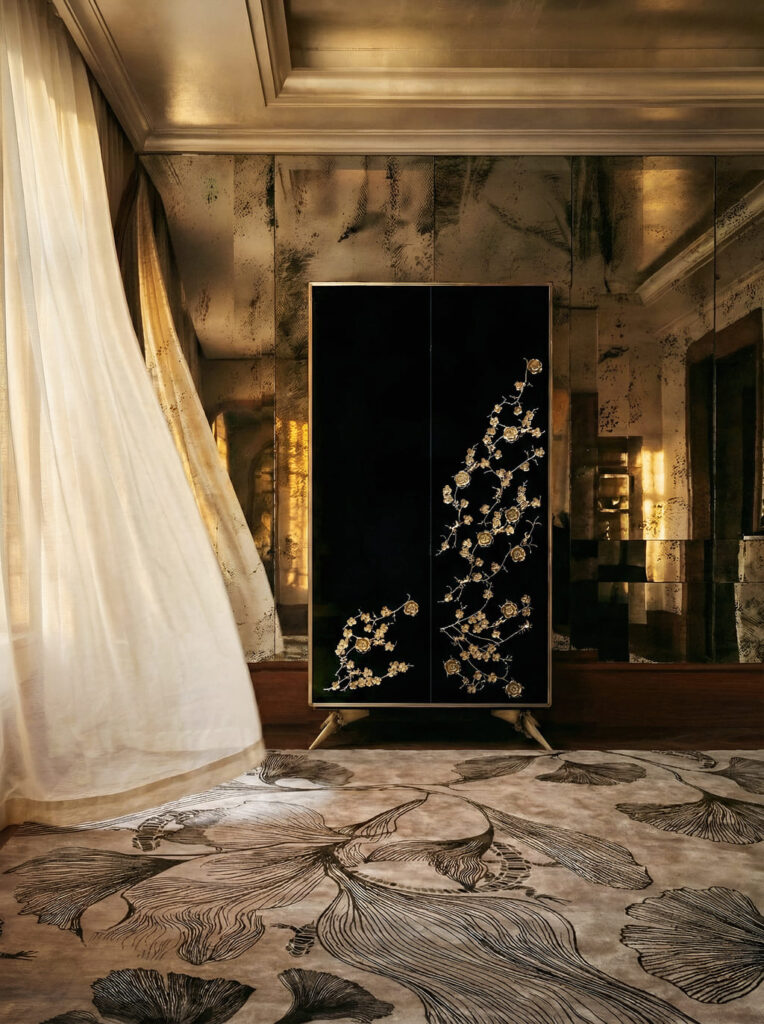 spellbound armoire wardrobe cabinet by koket - black lacquer with aged brass