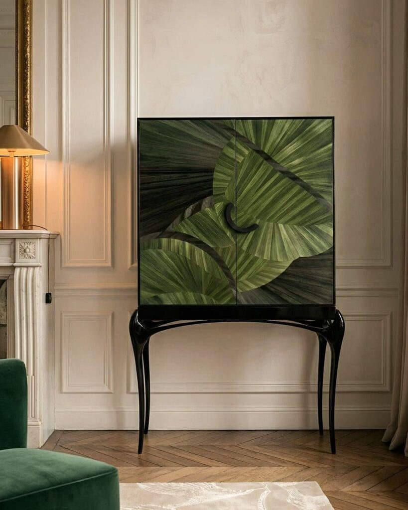 straw marquetry bar cabinet by koket green and black