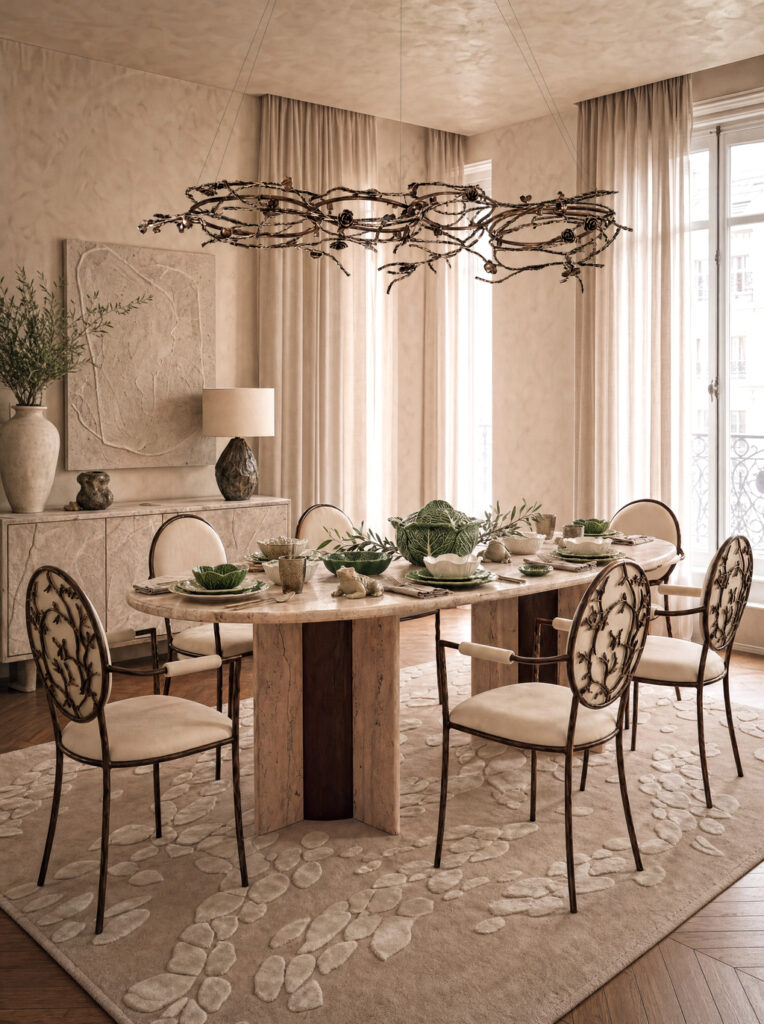 Paris  Oval Dining Table, Enchanted Dining Chairs, Ophidia Rug, Cabbage Dinnerware @ My Object of Desire