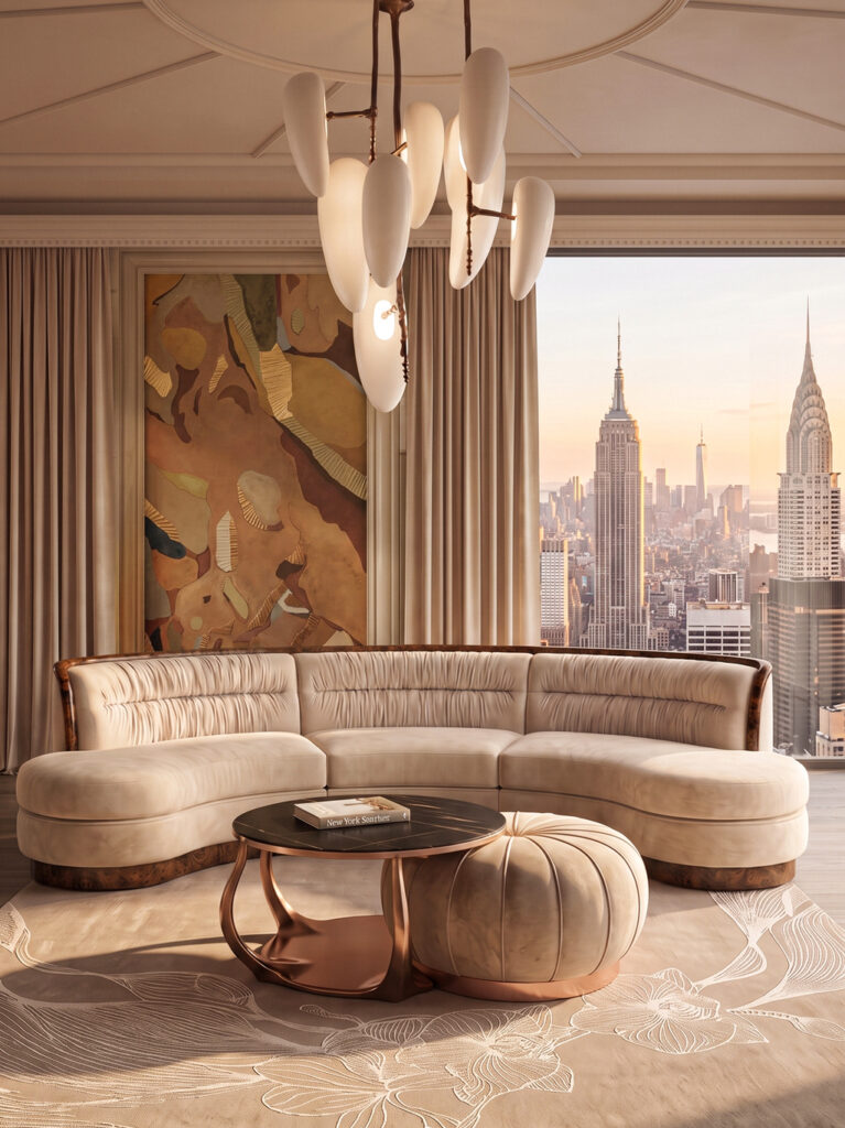 Art Deco Interior Design NYC - New Cocktail Sectional with Burl Wood Detailing and Embrace Coffee Table in Copper - Fall Home Design Refresh Ideas