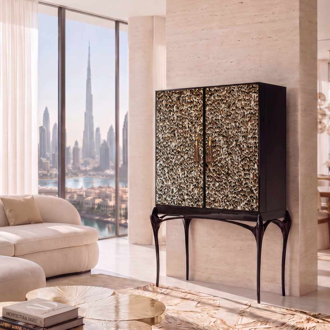 interior design dubai - temptation foile feather bar cabinet