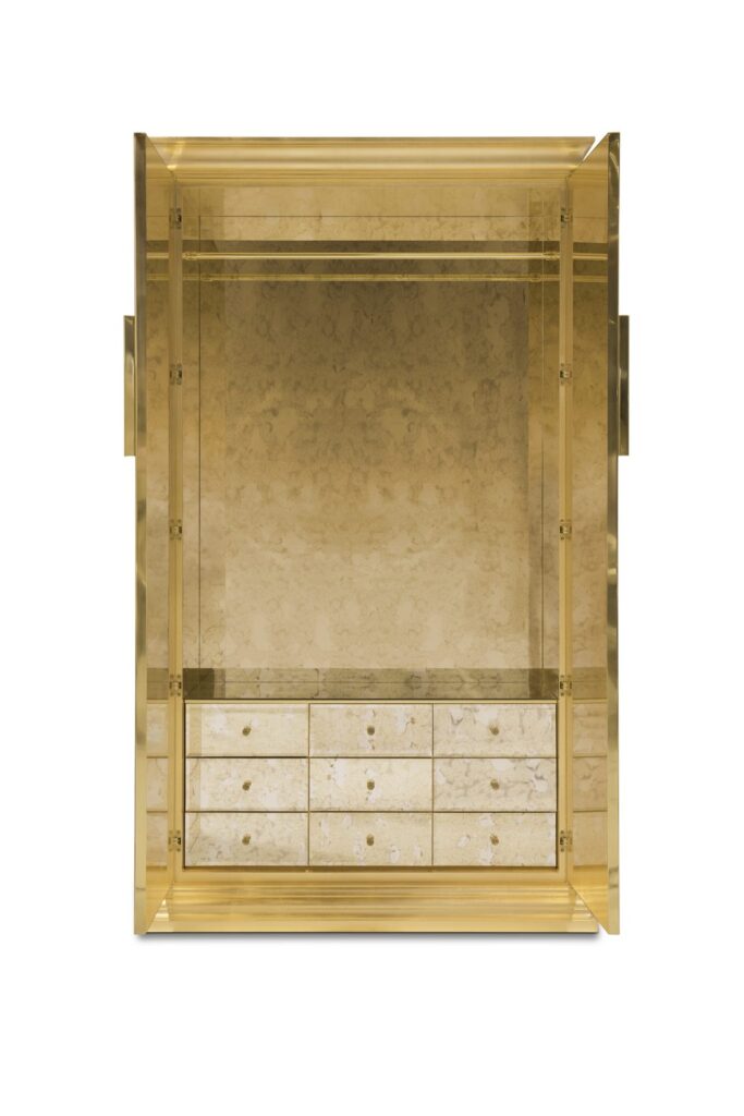 Inside the Mademoiselle armoire: aged mirror drawers and a hanging rod