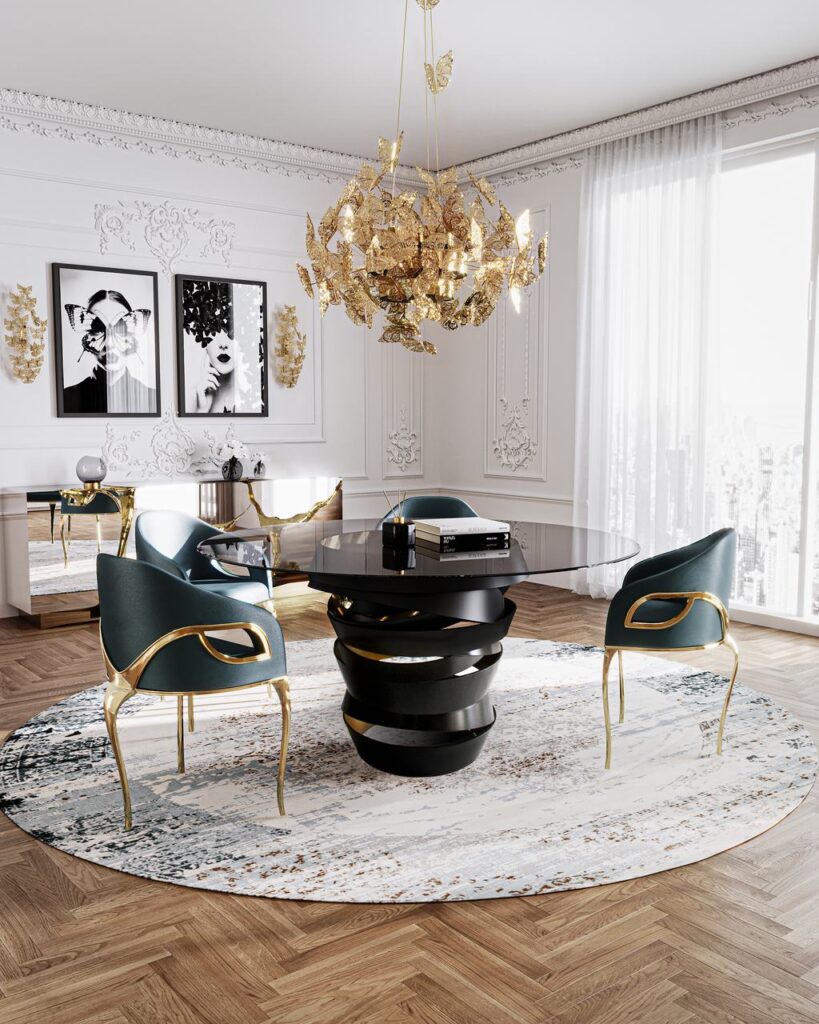 Nymph butterfly chandelier and sconce in a dining room with the Intuition table and Chandra chairs