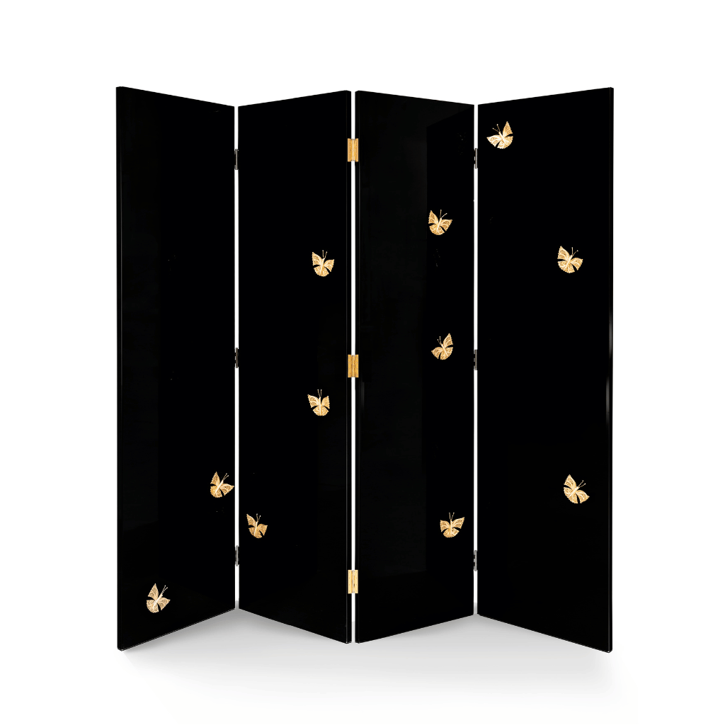 Euphoria folding screen in cream and black lacquer, with and without a brass frame