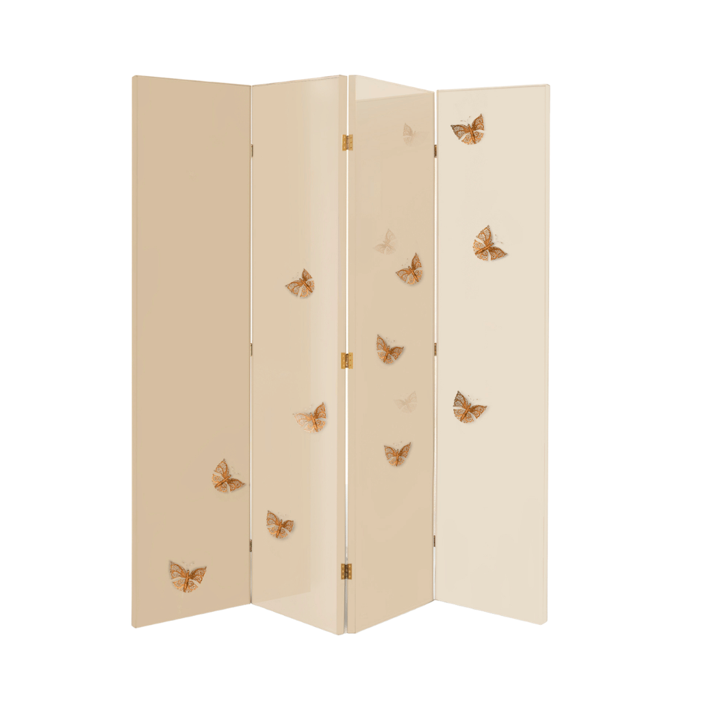 Euphoria folding screen in cream and black lacquer, with and without a brass frame