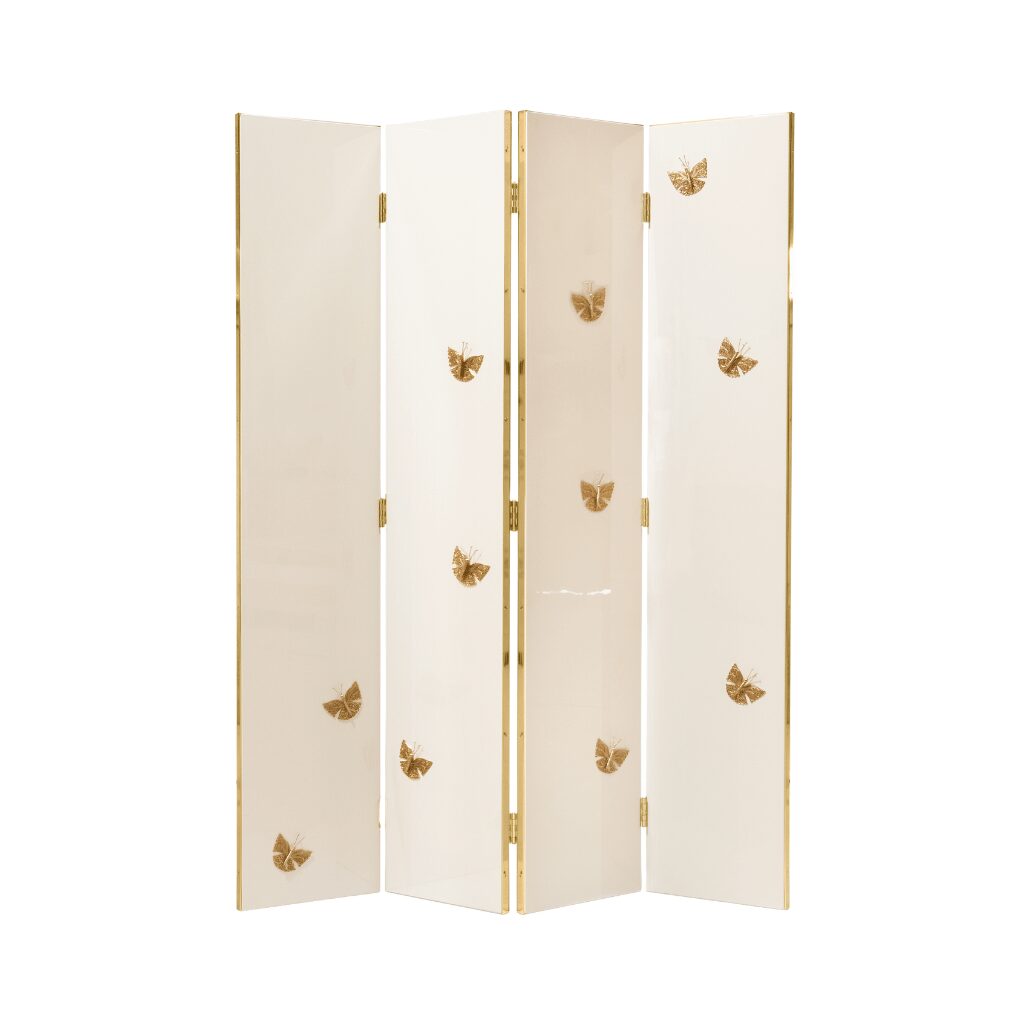 Euphoria folding screen in cream and black lacquer, with and without a brass frame