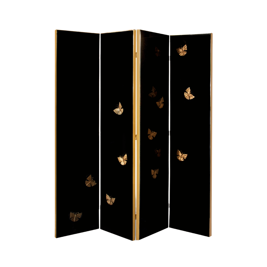 Euphoria folding screen in cream and black lacquer, with and without a brass frame